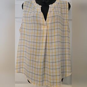 Loft Sleeveless Blouse Plaid Print Semi Sheer Front L